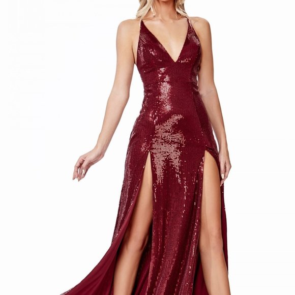 Prom Party Fitted sequin dress with double slits and deep plunging neckline C915 - Picture 3 of 8